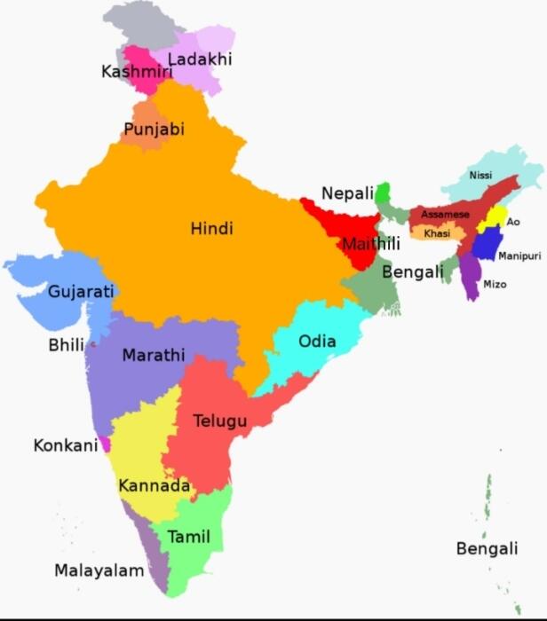Map of India showing language distribution by region, with states colored to represent their predominant languages.