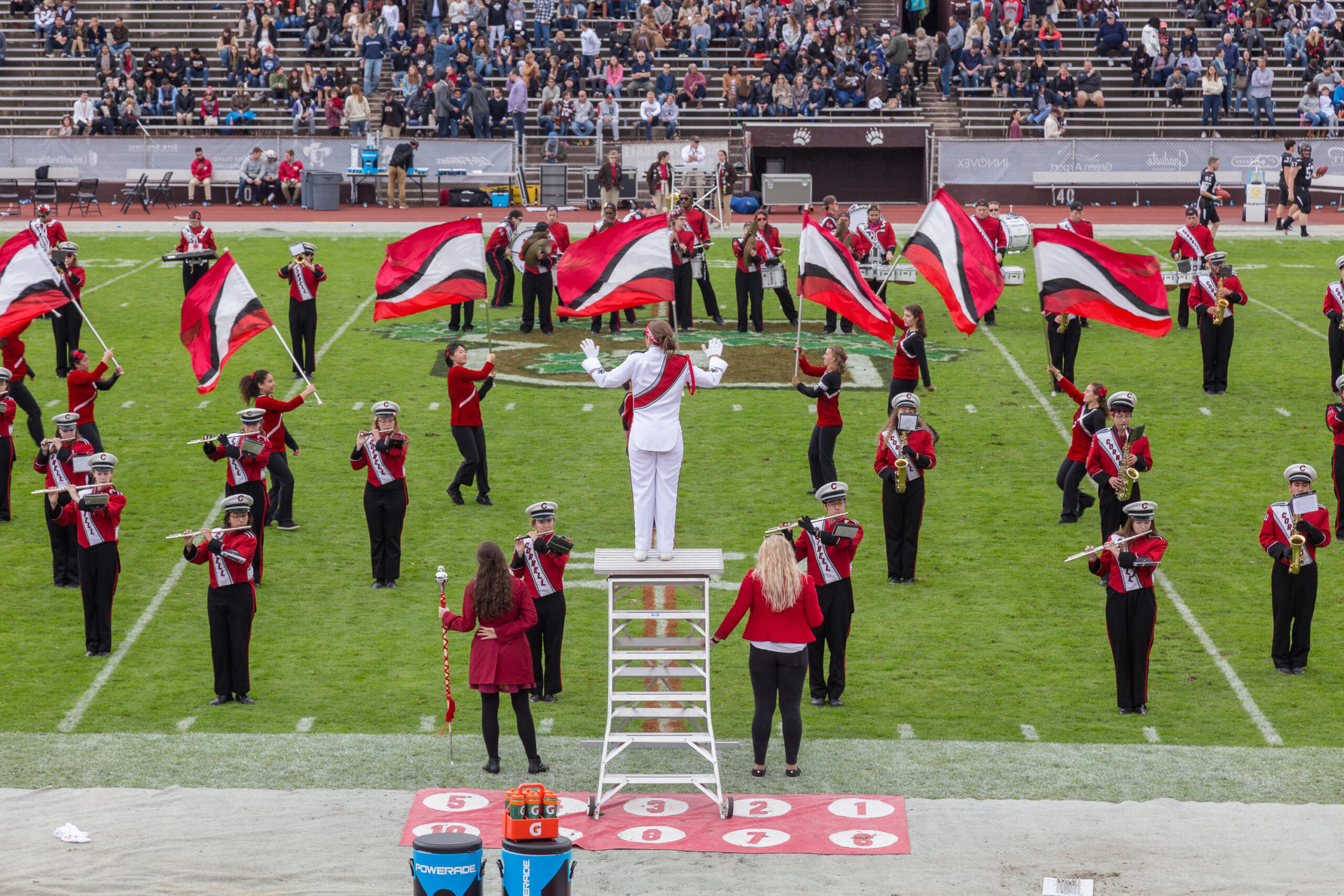 Cornell marching band performing on an American football field, with color guard waving flags and woodwind instrumentalists in front